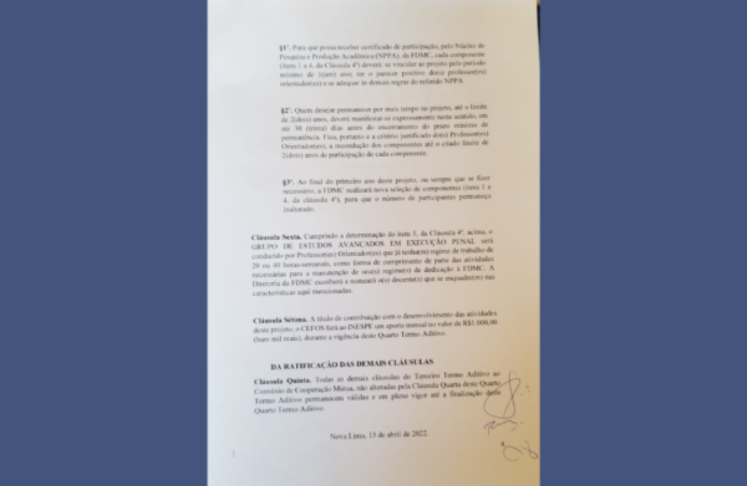Documento do convênio Milton Campos